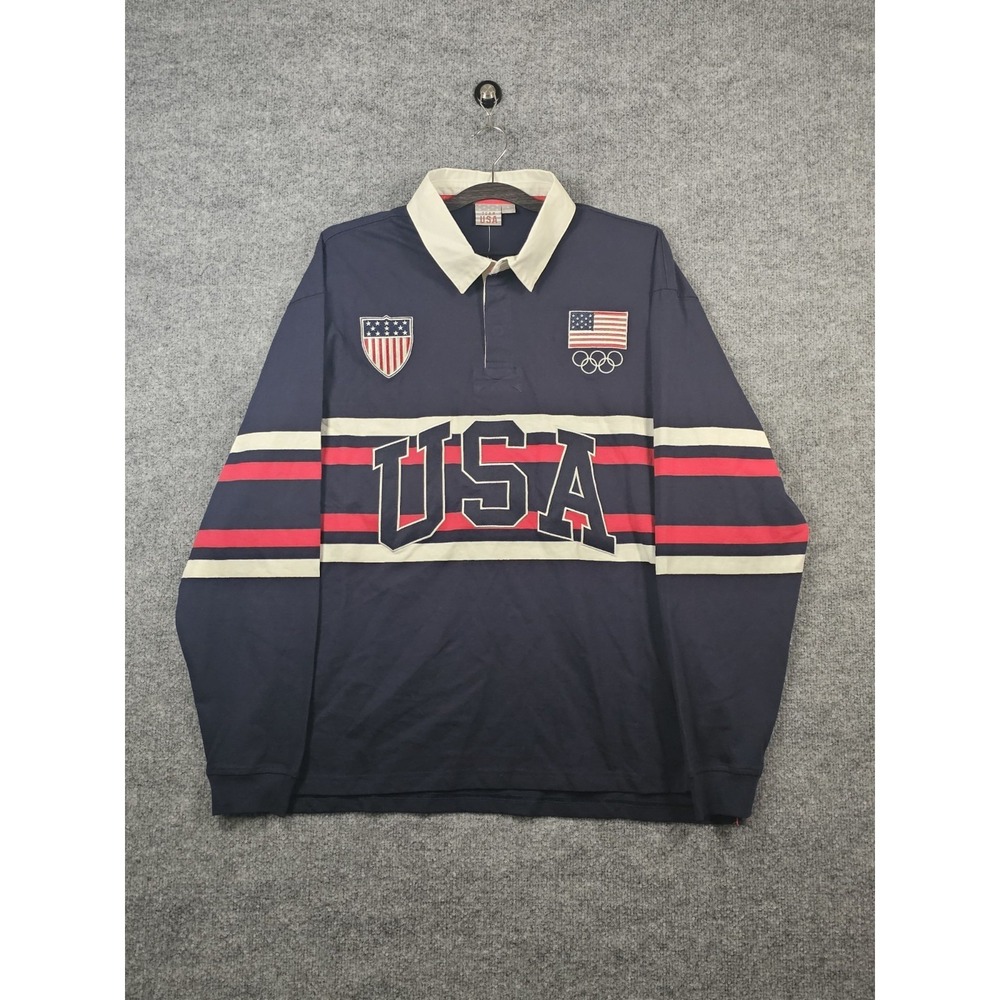 GAP Team USA Rugby Shirt Top Navy Blue Long Sleeve Large Olympics Logo Stripes - Picture 3 of 7